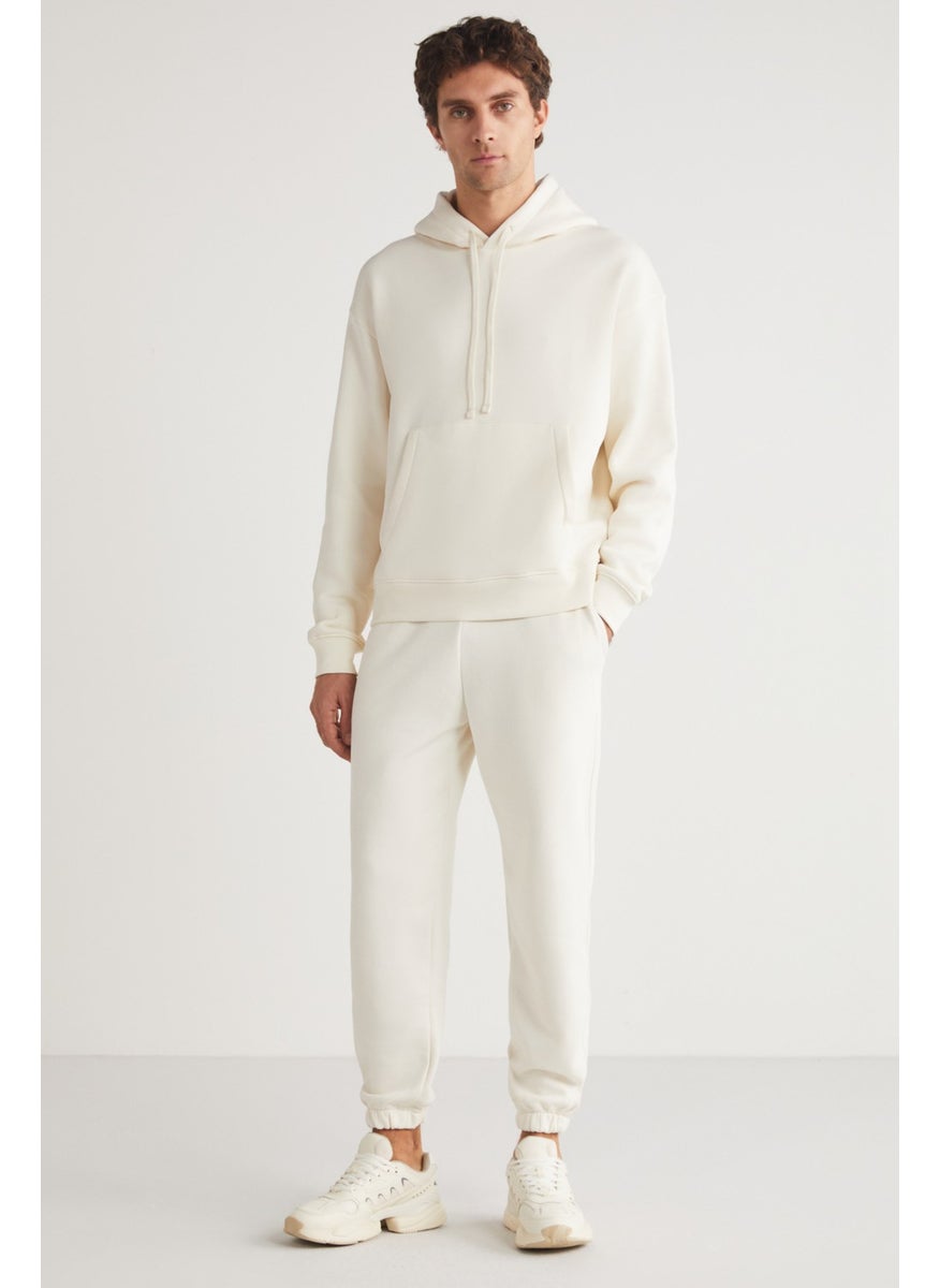 GRIMELANGE - Eron Men's Hooded Kangaroo Pocket Fleece Inside Ecru Tracksuit Set - Image 1