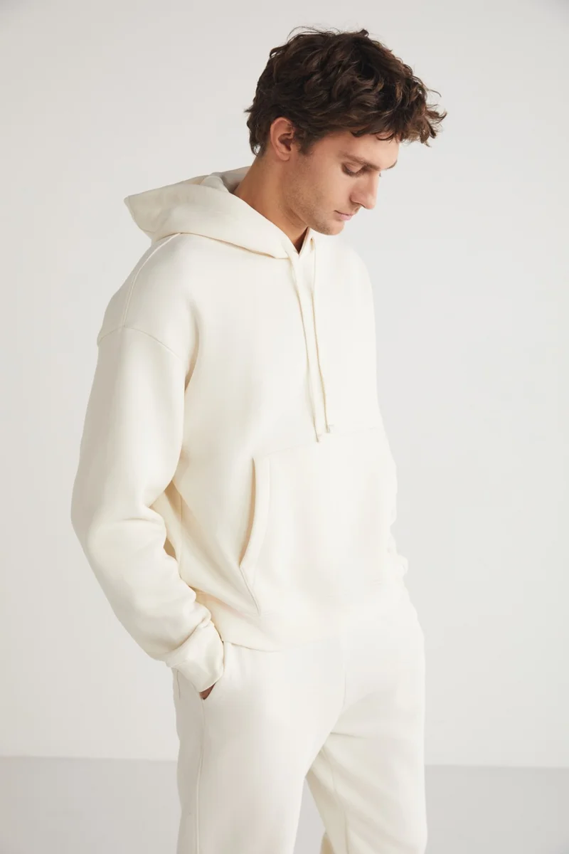 جريميلانج Eron Men's Hooded Kangaroo Pocket Fleece Inside Ecru Tracksuit Set