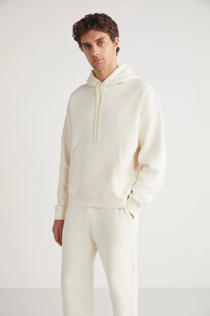 جريميلانج Eron Men's Hooded Kangaroo Pocket Fleece Inside Ecru Tracksuit Set
