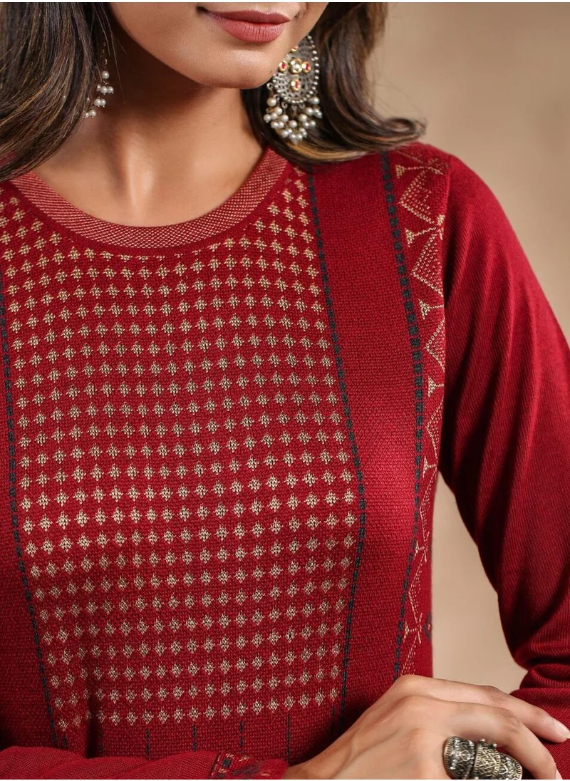 آي شين Women's Maroon Polyester Blend Embellished Tunic Straight Fit Kurta
