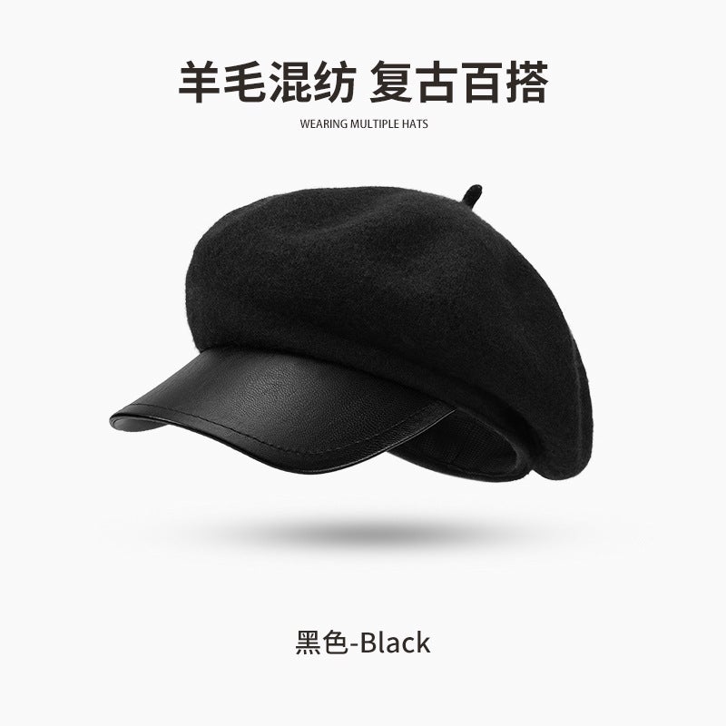 New autumn and winter beret womens wool fashion all-match Japanese painter hat windproof warm cloud hat DMZ102[Wool] DMZ102; black [Wool] DMZ102; black