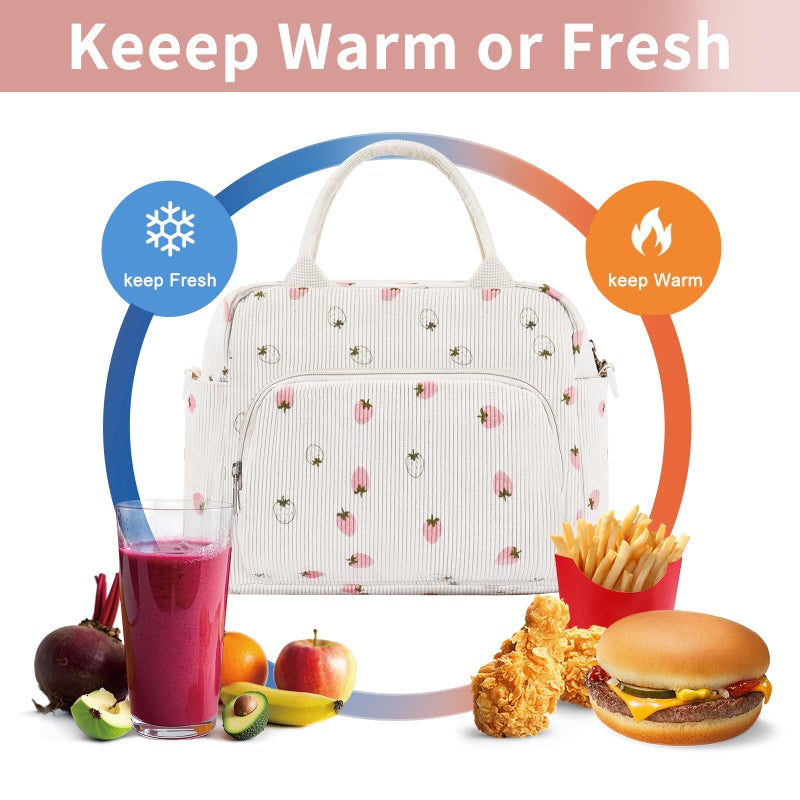 GASSDA Lunch Box for Women Insulated Lunch Bag Women Adult Cute Lunch Bags Reusable Lunchbox Cooler Tote Bag for Work Picnic (Beige-Light Strawberry) - Image 5