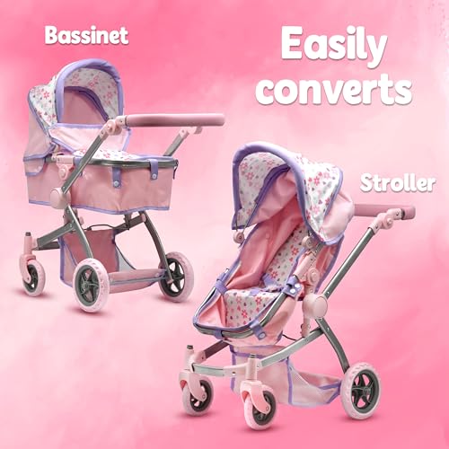 Dolls To Play Baby Doll Convertible Pram Stroller for Kids Adjustable Handle Foldable Buggy Carriage with Canopy and Storage Basket Heavy Duty Premium Quality Purple 25 Inch - Image 5