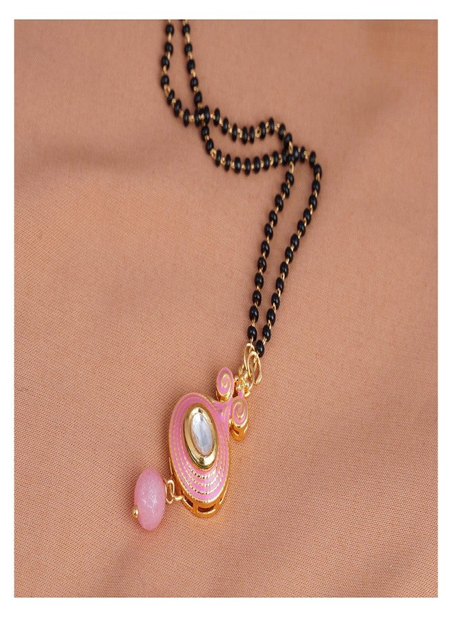 JFL - Jewellery for Less Latest Gold Plated Baby Pink Bead Kundan Meenakari Pendant Mangalsutra for Women.,Valentine - Image 2
