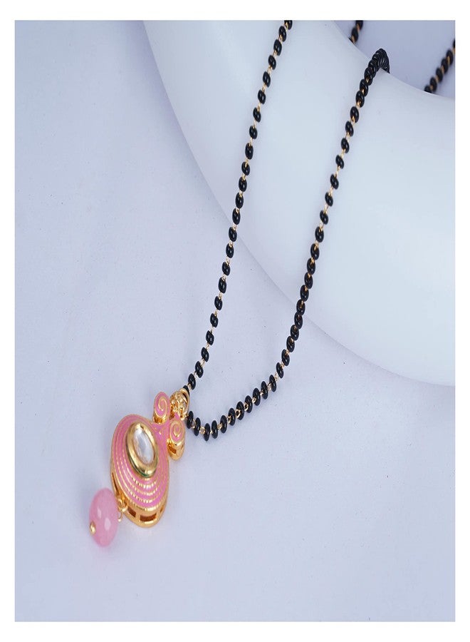 JFL - Jewellery for Less Latest Gold Plated Baby Pink Bead Kundan Meenakari Pendant Mangalsutra for Women.,Valentine - Image 4