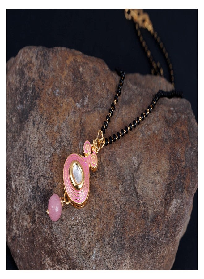 JFL - Jewellery for Less Latest Gold Plated Baby Pink Bead Kundan Meenakari Pendant Mangalsutra for Women.,Valentine - Image 3
