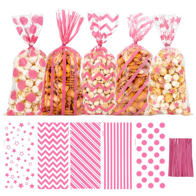 iSKeotol Valentines Treat Bags, 100 Pcs Valentines Gift Bags, Pink Plastic Clear Cello Stripes Dots Wave Star Printed Pattern Candy Cookies Snack Goodies Bag for Valentine's Day Birthday Wedding Party Supplies - Image 1