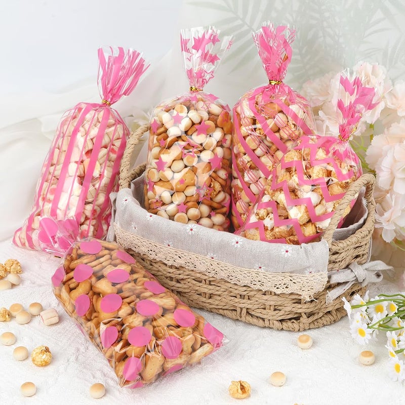 iSKeotol Valentines Treat Bags, 100 Pcs Valentines Gift Bags, Pink Plastic Clear Cello Stripes Dots Wave Star Printed Pattern Candy Cookies Snack Goodies Bag for Valentine's Day Birthday Wedding Party Supplies - Image 3