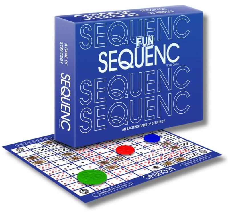 SEQUENCE Sequance is a group strategy game. It is a fun card and board game that combines intelligence and planning. It is suitable for children, adults, and all family members. It develops strategic thinking and a spirit of challenge. It is ideal for family gatherings and group evenings. - Card games - Group games - Family games - Board games - Image 1