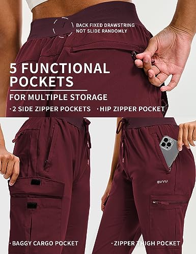 BVVU Women's Hiking Pants Lightweight Quick Dry Travel Outdoor Pants Waterproof Work Cargo Joggers with Zipper Pockets Wine Red - Image 3