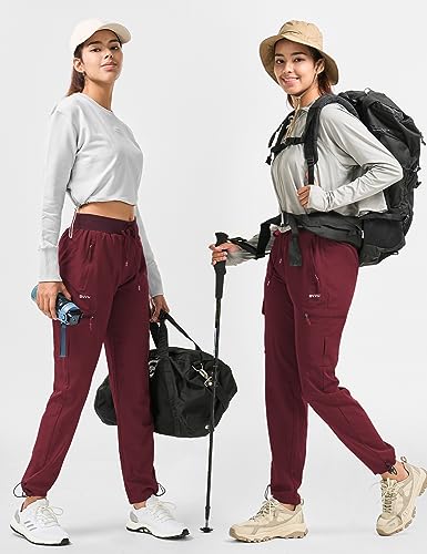 BVVU Women's Hiking Pants Lightweight Quick Dry Travel Outdoor Pants Waterproof Work Cargo Joggers with Zipper Pockets Wine Red - Image 2