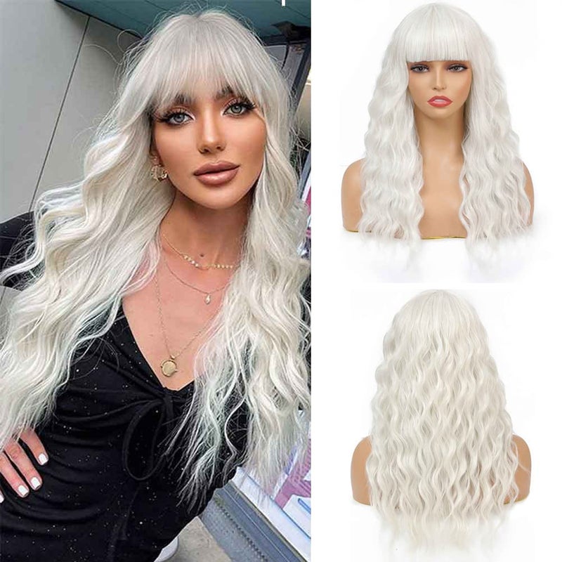 SOKU White Wig with Air Bangs Womens Short Bob Wigs 20 Inch Long White Hair Wave Synthetic Curly Costume Wig for Fashion Women Girls Heat Resistant Synthetic Hair