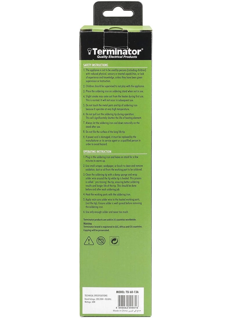 Terminator Terminator Soldering Iron 60W  with 13A plug, 8 Gm Solder  Wire, Metal Stand and long life  Tip. Esma Approved  - Image 3