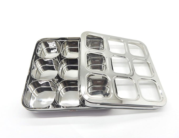 SQUARE DRYFRUITMASALA BOXSPICE CONTAINER 9 C THRU PARTION LID MASALA BOX WITH 9 CUPS 180ML EACH