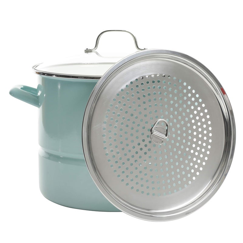 Kenmore Broadway 16-Quart Stock Pot With Steamer Insert and Lid, Glacier Blue, Large Stainless Steel Cookware for Boiling, Steaming, and Soups - Image 1