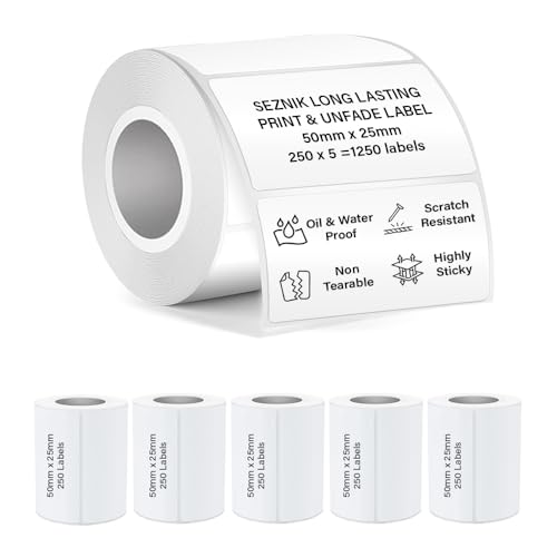 SEZNIK Waterproof, Non-Tearable, Sticky Thermal Lables, Label Roll, 2 inch Adhesive Thermal Labels for Label Printers (50mmx25mm - 1250 Lables), 1250 Labels - Image 1