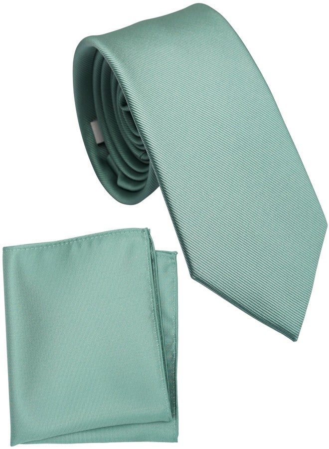 ZENXUS Regular Eucalyptus Green Tie and Pocket Square for Men, Solid Color Necktie Set, 3.2 inch Standard Width, 24 Eucalyptus, Regular - Image 1
