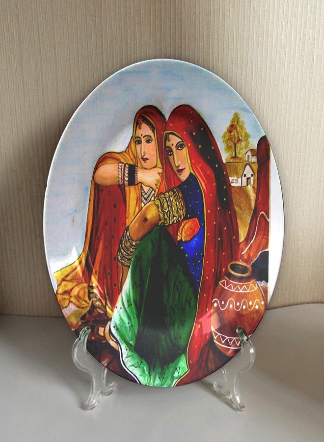 JIKRAA® Indian Traditional Art Ceramic Decorative Designer Wall and Table Top Plate/Platter with Stand and Hook, Decorative Wall Plates with Stand for Living Room, Home and Office - Design13 (8 Inch) - Image 1