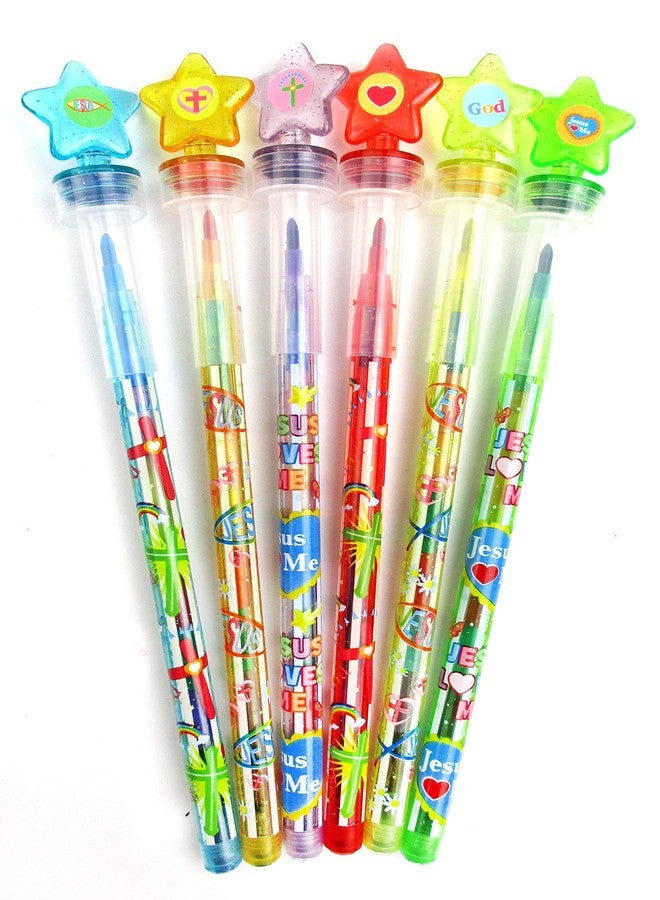 TINYMILLS 24 Pcs Religious Christian 2 in 1 Stackable Stacking Crayon with Extra Stamper Topper, Sunday School Classroom Rewards, Prizes, Christian Toys Sunday School Rewards - Image 2