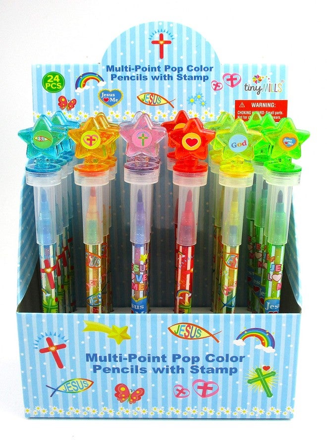 TINYMILLS 24 Pcs Religious Christian 2 in 1 Stackable Stacking Crayon with Extra Stamper Topper, Sunday School Classroom Rewards, Prizes, Christian Toys Sunday School Rewards - Image 1