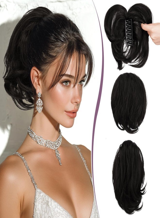 RUWISS Claw Clip Short Human Hair Ponytail Extension with Bendable Metals for DIY Styles, Straight Messy Bun Hair Piece for Women Thick Hairpieces for Daily Wear, 9 Inch Natural Black - Image 1