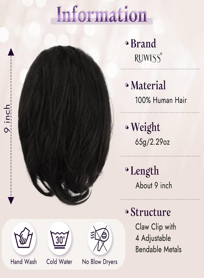 RUWISS Claw Clip Short Human Hair Ponytail Extension with Bendable Metals for DIY Styles, Straight Messy Bun Hair Piece for Women Thick Hairpieces for Daily Wear, 9 Inch Natural Black - Image 2