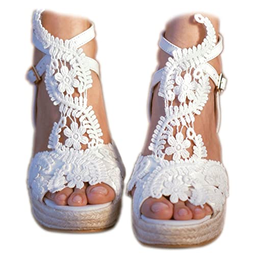 MiLanolce women's platform sandals wedge open toe ankle strap lace wedding shoes bridesmaid shoes,White,size-8.5 - Image 1