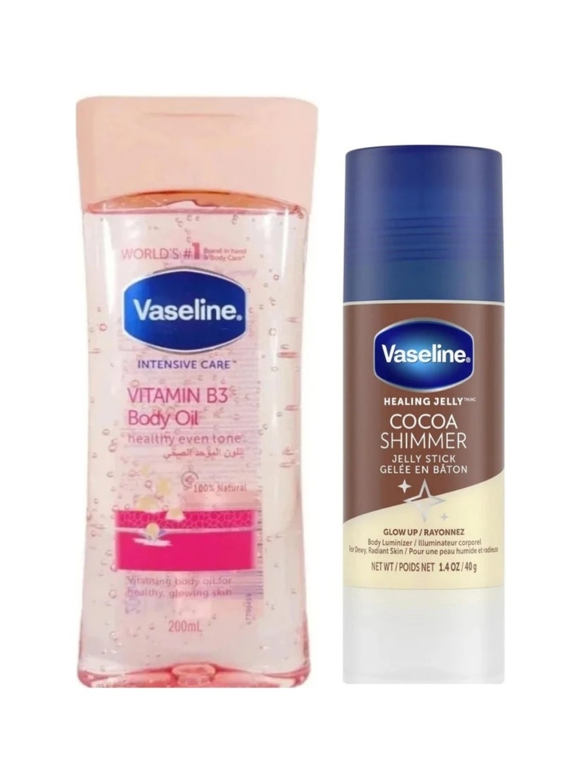 فازلين مجموعة فازلين للعناية بالجسم: زيت الجسم فيتامين B3 لتوحيد لون البشرة (200 مل) + ستيك فازلين جيلي كوكا شيمر بلمعة الكاكاو (40 جم)