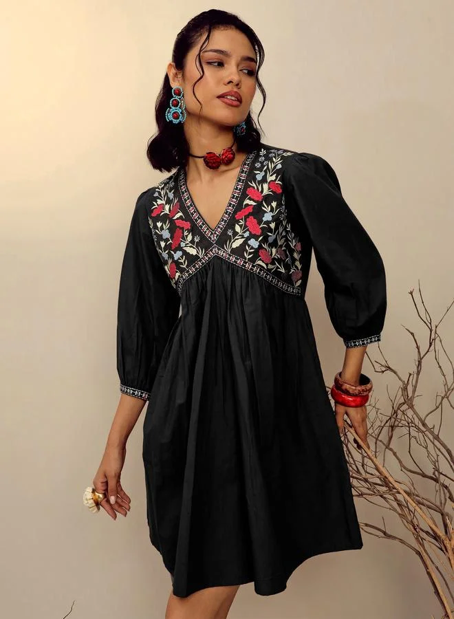Black Poplin Embroidered Gathered Mini Dress