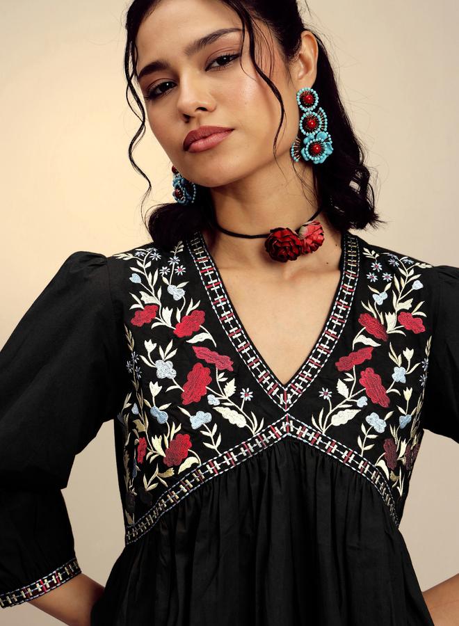 SASSAFRAS Black Poplin Embroidered Gathered Mini Dress - Image 4