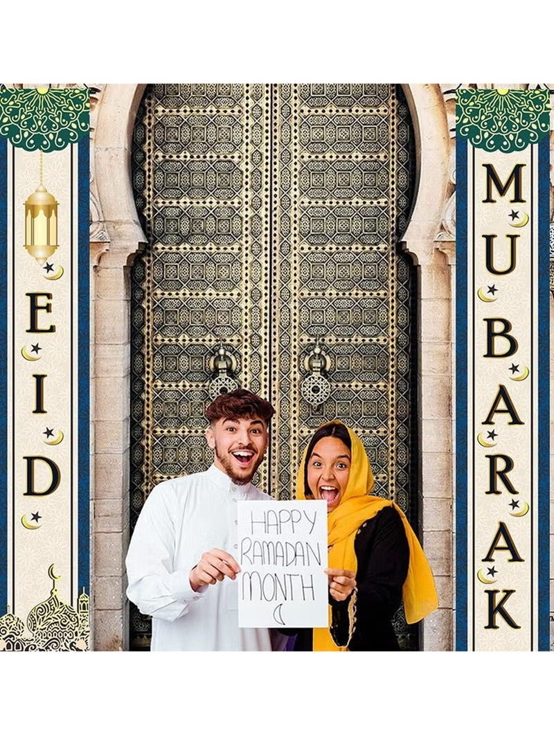 2 Pcs Eid Ramadan Mubarak Decorations Set Ramadan Mubarak Porch Sign - Welcome First Day of Ramadan Eid Banner Hanging Decoration for Indoor/Outdoor Front Door Decor Ramadan Eid Party (white) - Image 2