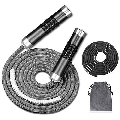 Redify Weighted Jump Rope for Workout Fitness(1LB), Tangle-Free Ball Bearing Rapid Speed Skipping Rope for MMA Boxing Weight-loss,Aluminum Handle Adjustable Length 9MM Fabric Cotton+9MM Solid PVC Rope (Grey) - Image 1