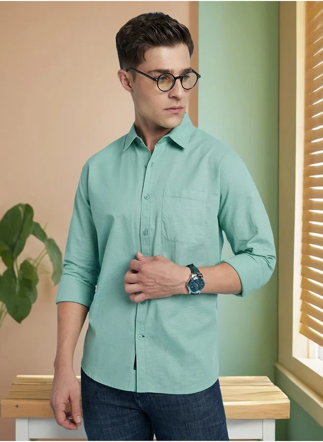 Dennis Lingo Upgrade your wardrobe with this premium Sage green Regular Fit Shirts Textured design crafted from 100% Cotton featuring Long Sleeves with Button closure.