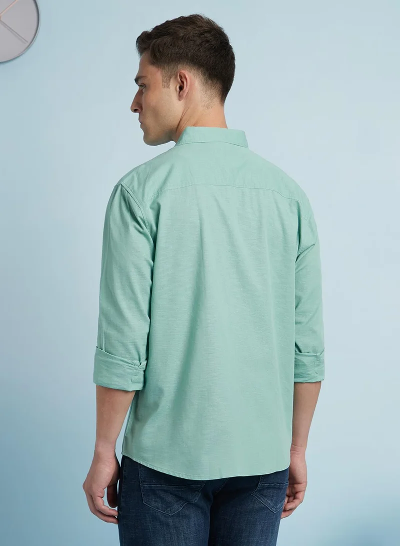 Dennis Lingo Men's Sage Green 100% Cotton Textured Button Down Regular FiT-Shirt