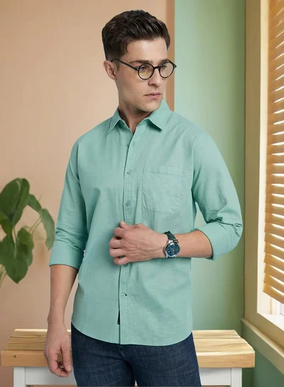 دينيس لينغو Men's Sage Green 100% Cotton Textured Button Down Regular FiT-Shirt