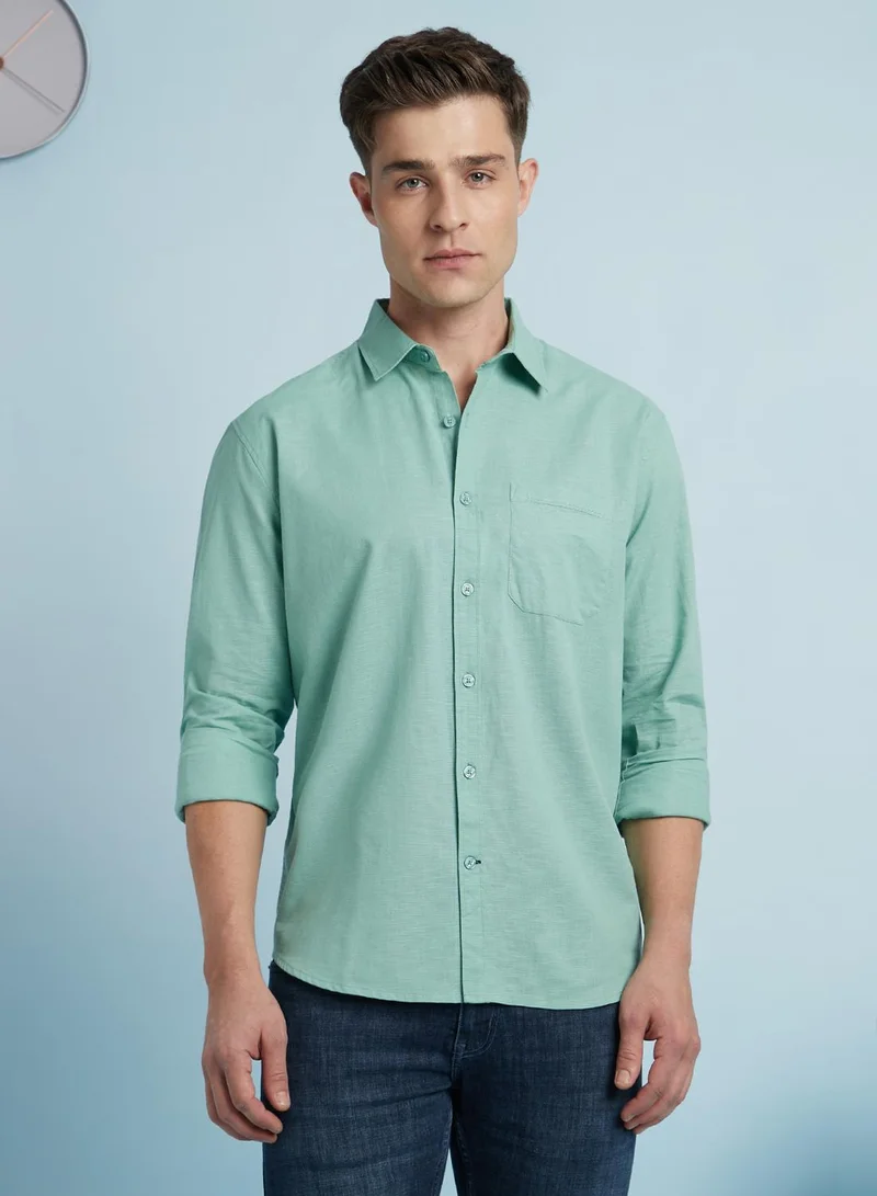 Dennis Lingo Men's Sage Green 100% Cotton Textured Button Down Regular FiT-Shirt