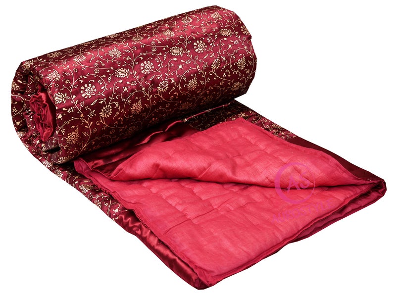 AUROSTYLE Rajasthani Cotton Filled Light Weight Silk Soft Jaipuri AC Quilt/Razai Dohar Over All Floral Print Design with Gold Print Quilts Blankets for Home (85x55 Inch,Maroon Jaal Print, Single Bed) - Image 4