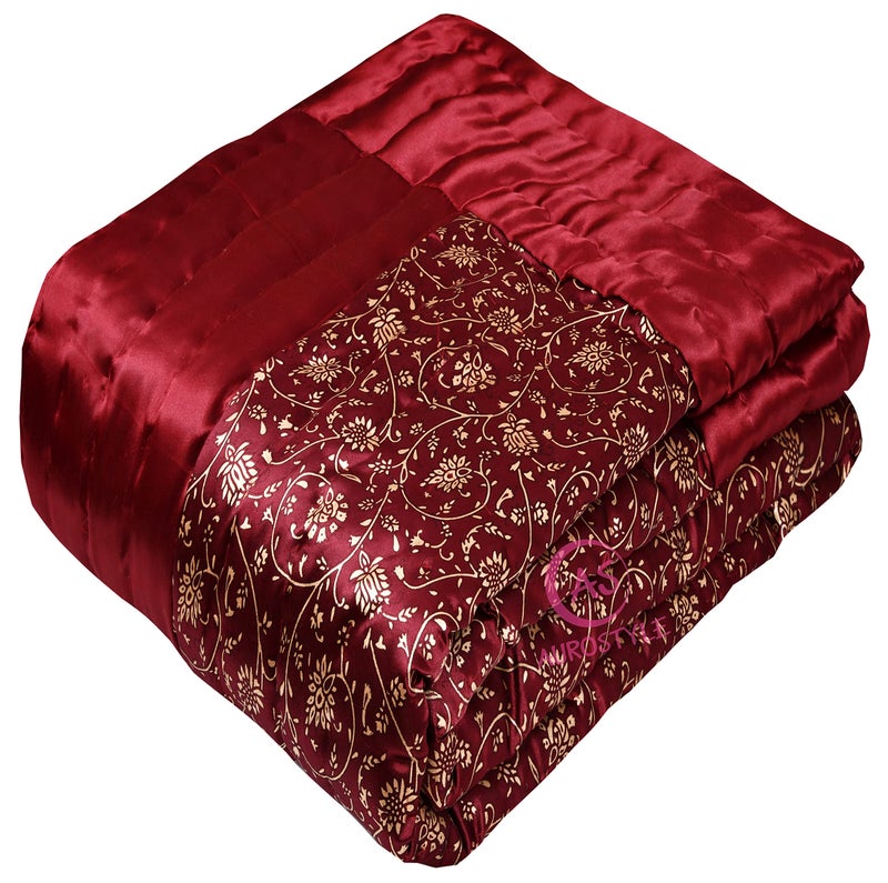AUROSTYLE Rajasthani Cotton Filled Light Weight Silk Soft Jaipuri AC Quilt/Razai Dohar Over All Floral Print Design with Gold Print Quilts Blankets for Home (85x55 Inch,Maroon Jaal Print, Single Bed) - Image 1