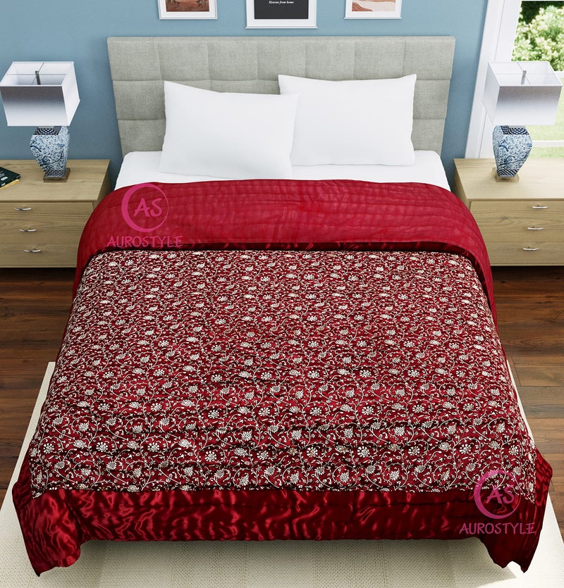 AUROSTYLE Rajasthani Cotton Filled Light Weight Silk Soft Jaipuri AC Quilt/Razai Dohar Over All Floral Print Design with Gold Print Quilts Blankets for Home (85x55 Inch,Maroon Jaal Print, Single Bed) - Image 2