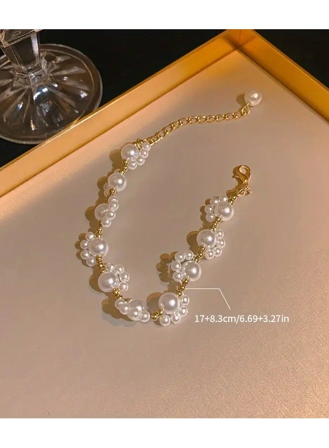 Home Clearance Sale 1pc Elegant White Faux Pearls Beads Beaded Bracelet Simple Zinc Alloy Luxury Versatile Hand Decoration - Image 3