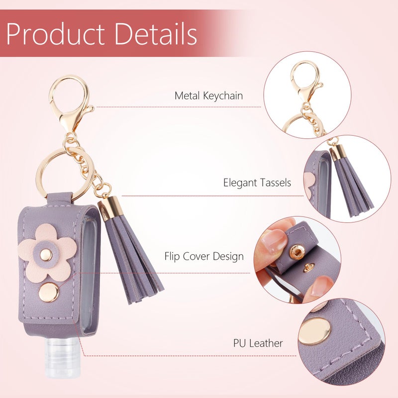 GTILE 4Pcs Hand Sanitizer Keychain, Portable Leather Empty Bottles, 30ml Squeeze Bottle Refillable Containers, Cute Hand Sanitizer for Toiletry Lotion Liquid Soap Shampoo (Pink, Blue, Purple, Yellow) - Image 3