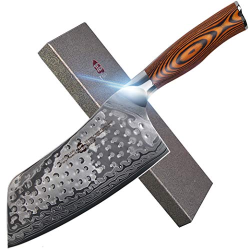 TUO Cutlery Cleaver Knife - Japanese AUS-10 Damascus Steel Hammered Finish - Chinese Chef's Knife for Meat and Vegetable with Ergonomic Pakkawood Handle - 7" - Fiery Phoenix Series - Image 1