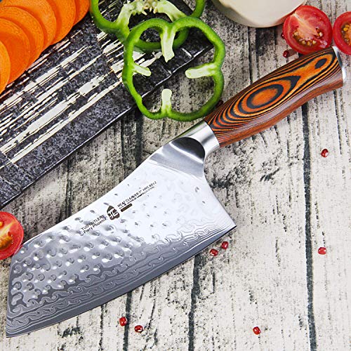 TUO Cutlery Cleaver Knife - Japanese AUS-10 Damascus Steel Hammered Finish - Chinese Chef's Knife for Meat and Vegetable with Ergonomic Pakkawood Handle - 7" - Fiery Phoenix Series - Image 5