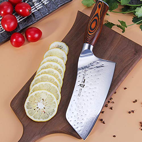 TUO Cutlery Cleaver Knife - Japanese AUS-10 Damascus Steel Hammered Finish - Chinese Chef's Knife for Meat and Vegetable with Ergonomic Pakkawood Handle - 7" - Fiery Phoenix Series - Image 4