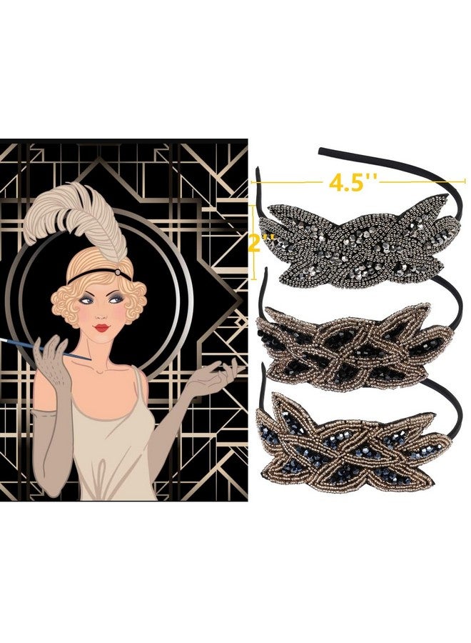 Huachi Flapper Headbands For Women 1920S Headpiece 3Pcs Flapper Headpiece Beaded Roaring 20S Hair Accessories For Women For Party Vintage Great Gatsby Costume Headband Woman Black Blue Rhinestone Head Band - Image 2