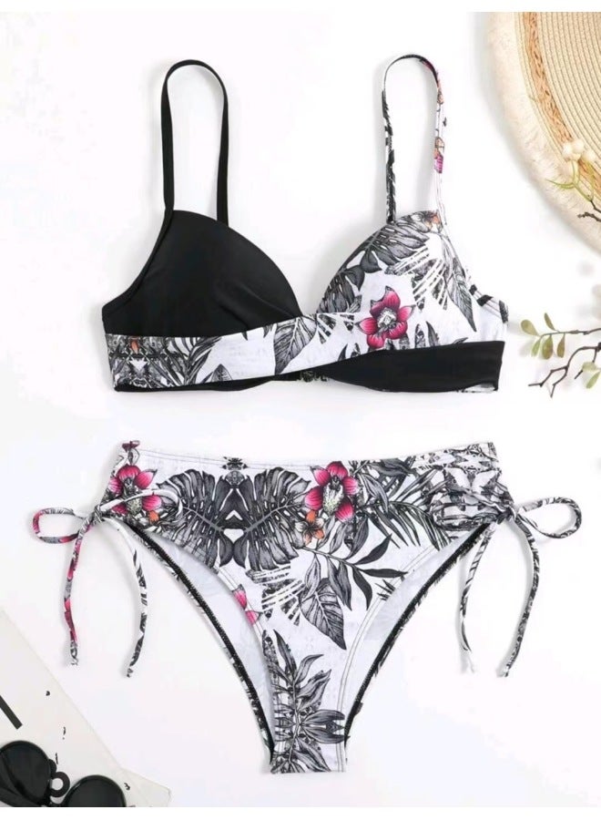 [5 Color Optional European And American Push-up Split Swimsuit Bikini Women's New Printed Deep V Backless Strap