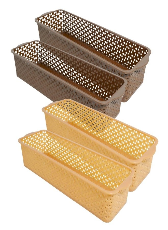 MORVI Deskmate Multi-Purpose Plastic Storage Basket|Durable Stackable Organizer Tokri For Home,Kitchen,Bathroom & Office| Drawer Tray,Cutlery,Cosmetics,Stationery|Set Of 4|Brown Camel - Image 1