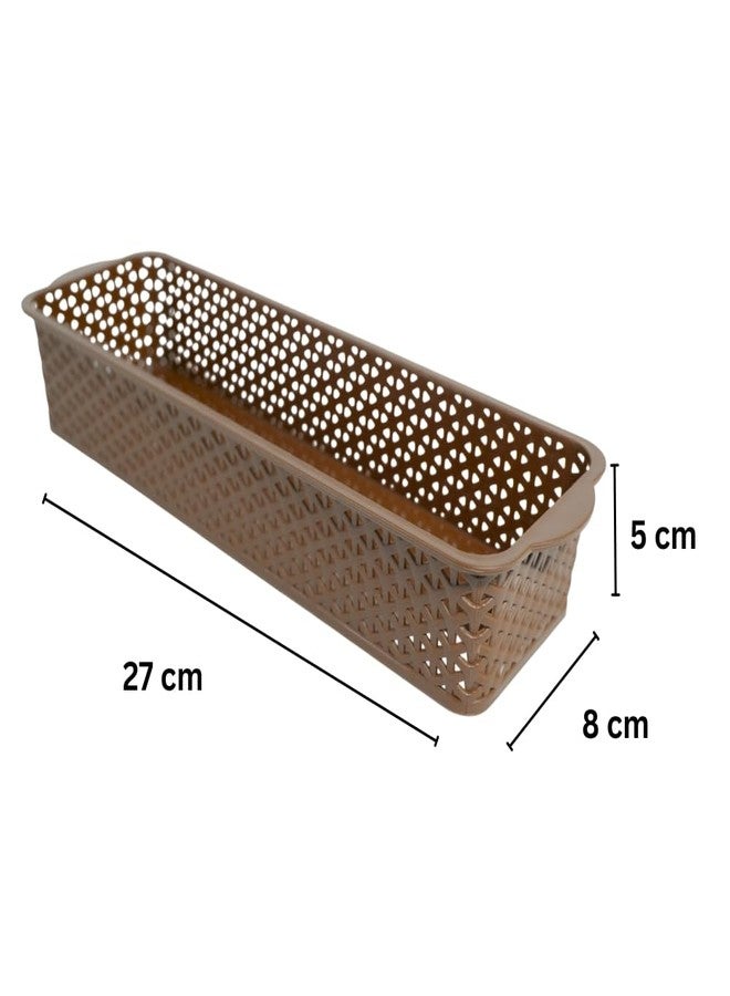 MORVI Deskmate Multi-Purpose Plastic Storage Basket|Durable Stackable Organizer Tokri For Home,Kitchen,Bathroom & Office| Drawer Tray,Cutlery,Cosmetics,Stationery|Set Of 4|Brown Camel - Image 2