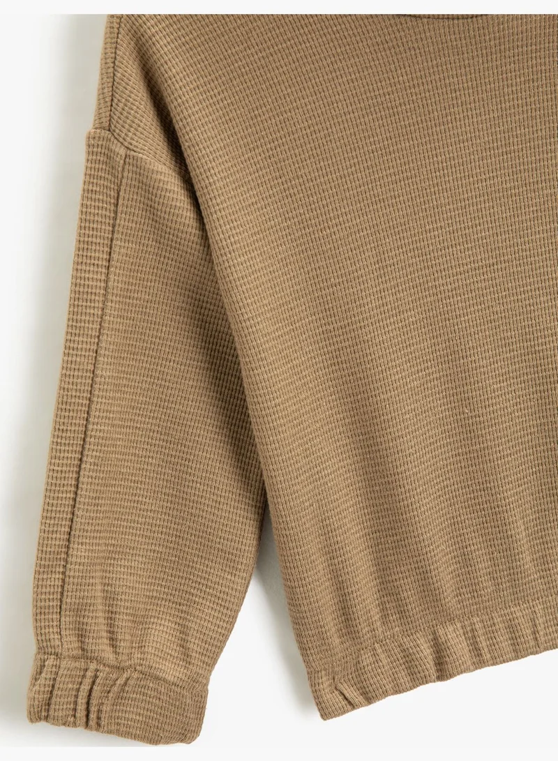 KOTON Waffle Textured Basic Hoodie Elastic Cuffs and Waist