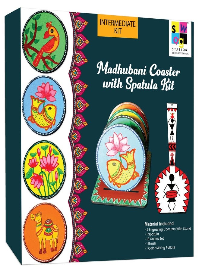 SWAGSTATION Madhubani Art Kit,Pre Marked Tea Coaster with Spatula for Painting,Birthday Gifts for Girls 9-12, Art kit for Adults,Coaster with Spatula Kit - 07 - Image 2